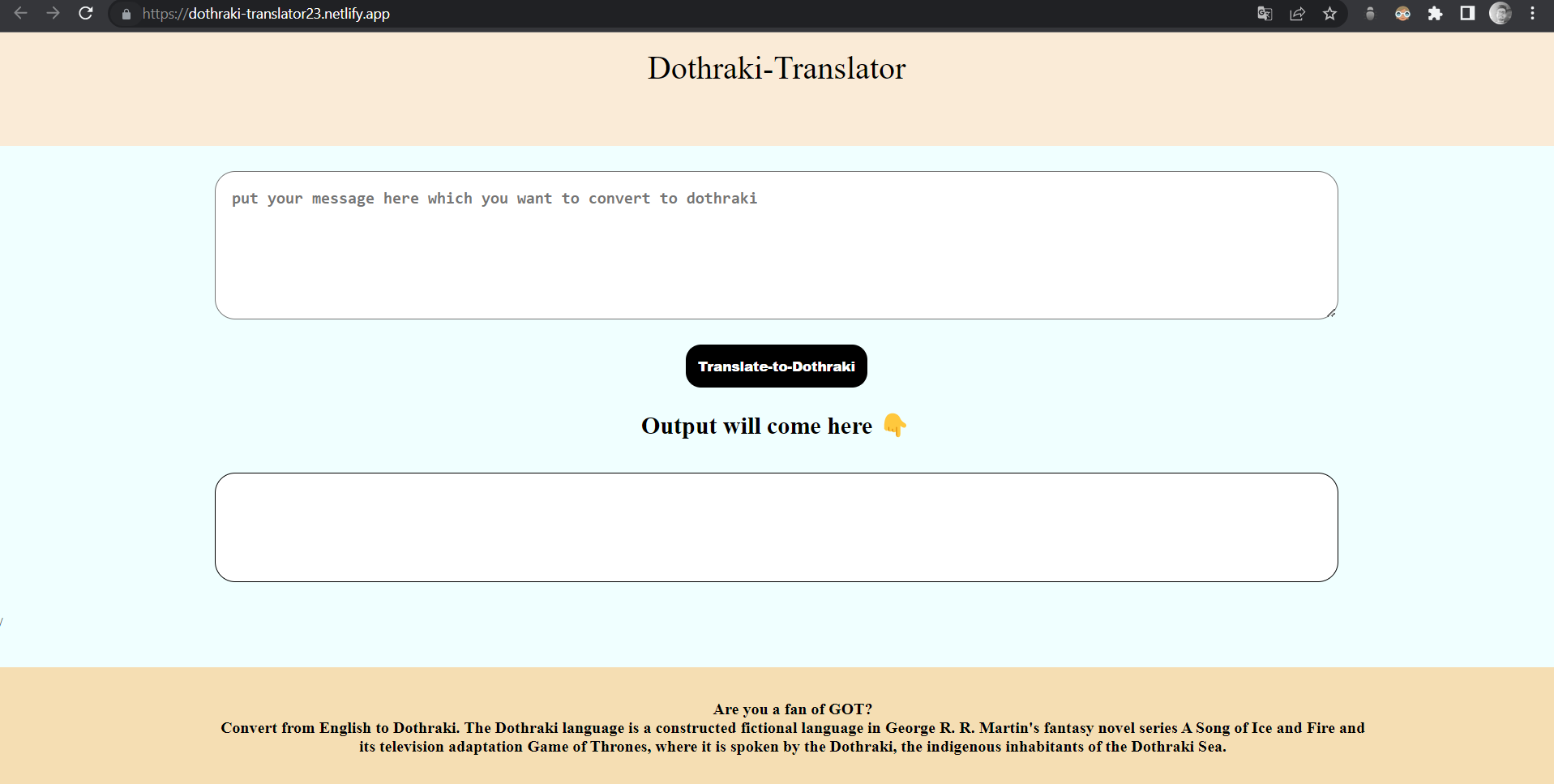 screenshot of dothraki-translator app